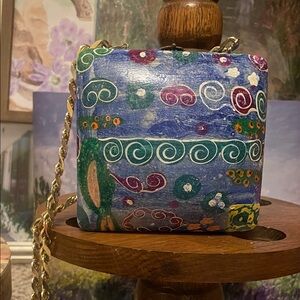 Hand-Painted Blue Floral Box Bag with Gold Chain